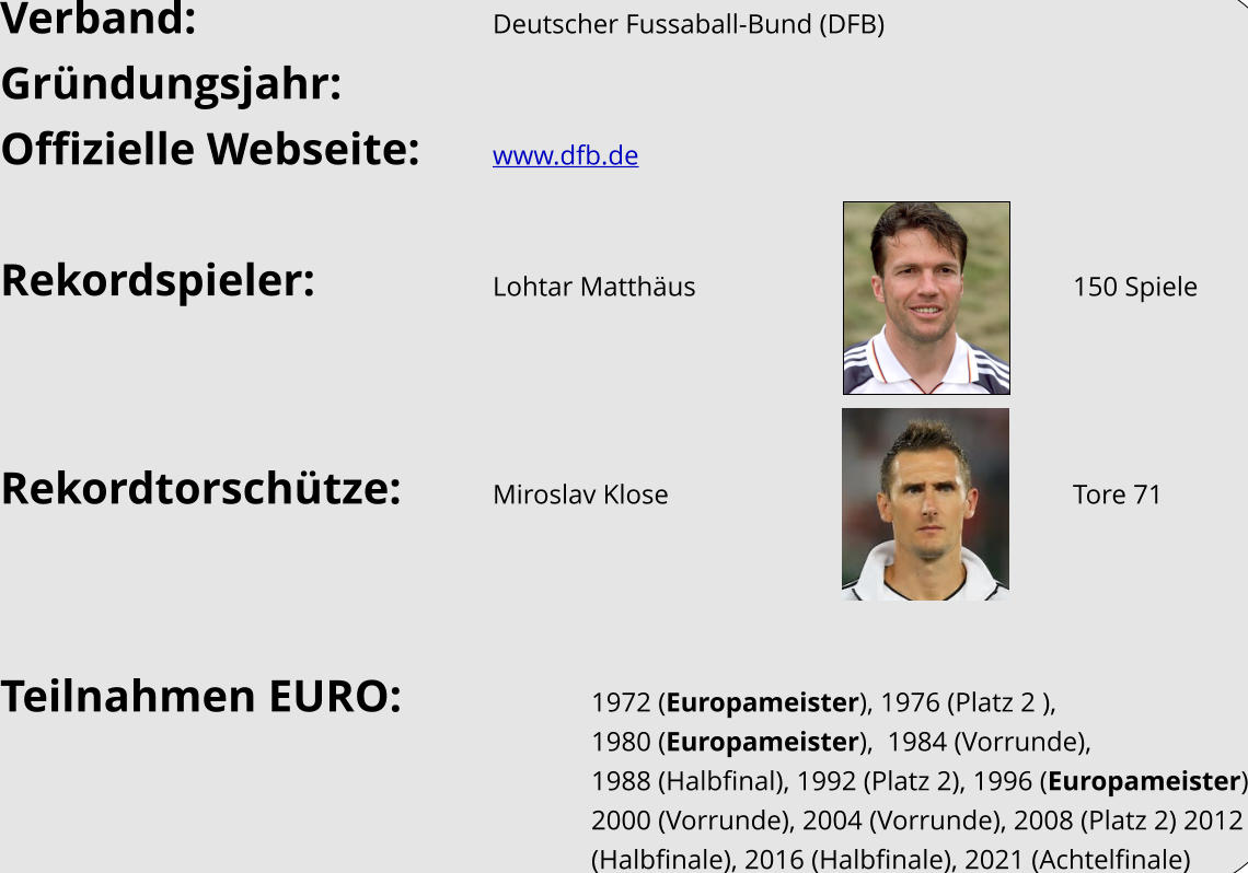 Verband: Gründungsjahr: Offizielle Webseite:  Rekordspieler: Deutscher Fussaball-Bund (DFB)   www.dfb.de  Lohtar Matthäus 150 Spiele Rekordtorschütze: Miroslav Klose Tore 71 Teilnahmen EURO: 1972 (Europameister), 1976 (Platz 2 ),  1980 (Europameister),  1984 (Vorrunde),  1988 (Halbfinal), 1992 (Platz 2), 1996 (Europameister) 2000 (Vorrunde), 2004 (Vorrunde), 2008 (Platz 2) 2012 (Halbfinale), 2016 (Halbfinale), 2021 (Achtelfinale)